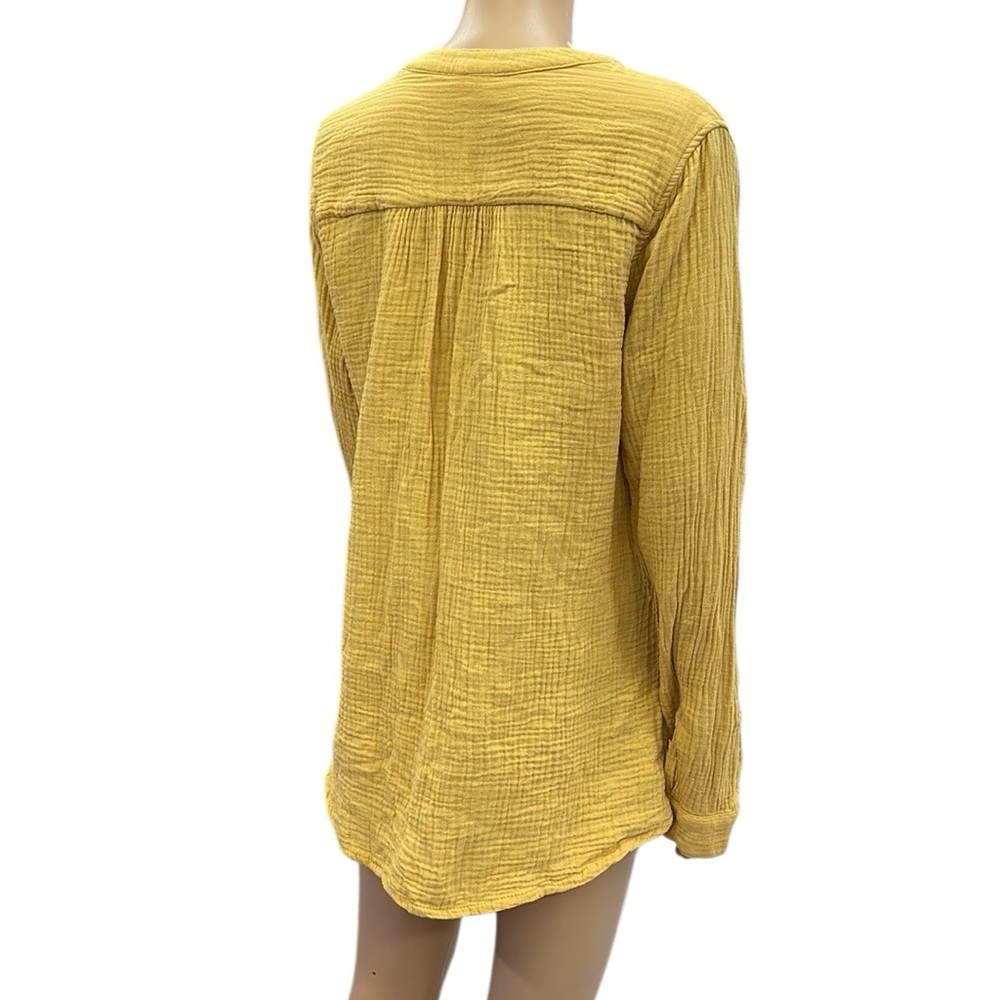 Mote Cotton Mustard Yellow Gauze Split V Neck Double Pocket Long Sleeve Top Sz L - Picture 5 of 11
